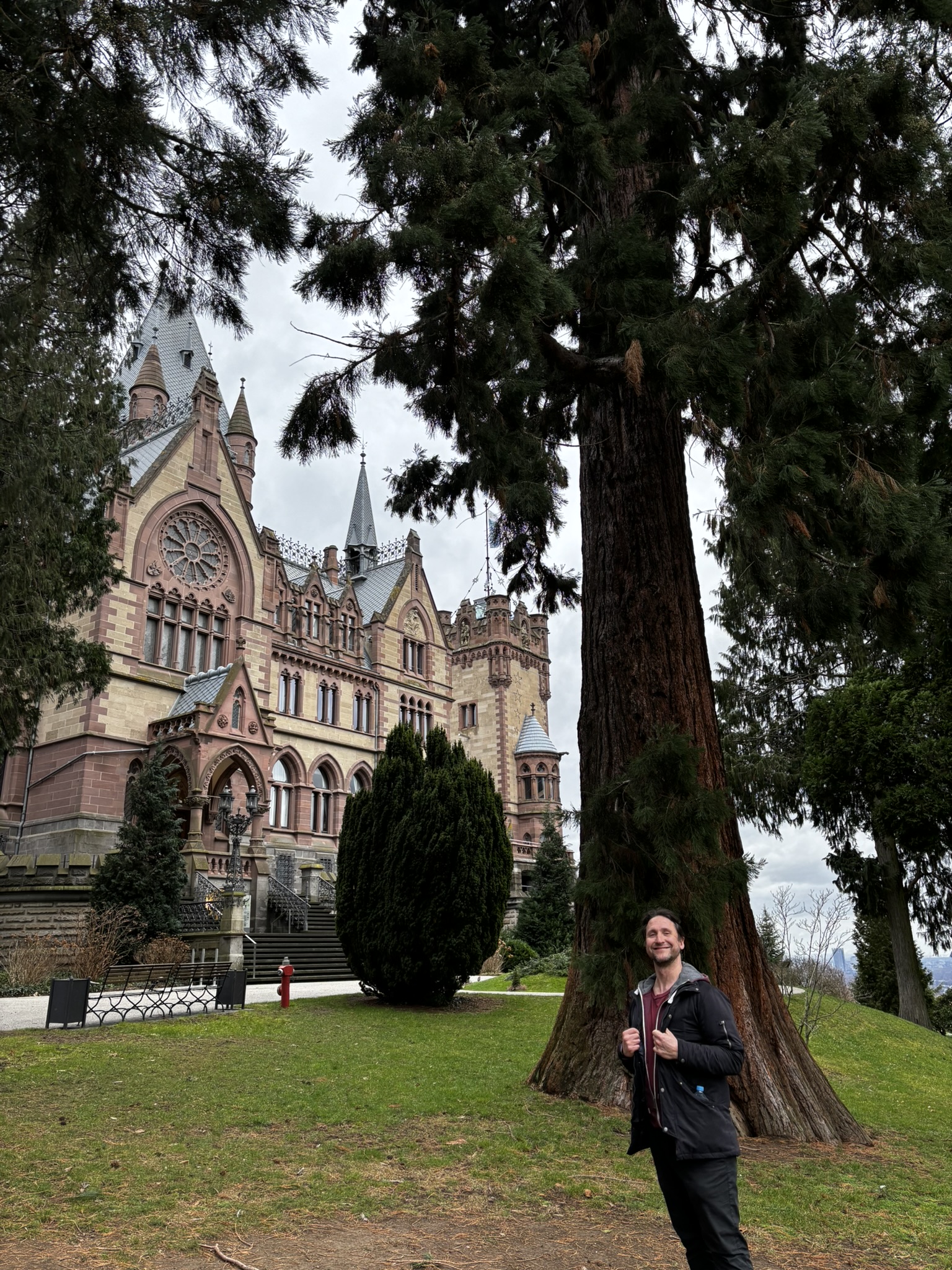 Igor Solowjew mit Mammutbaum vor Schloss Drachenburg